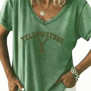 Green Yellowstone T Shirt Sz 3X Distressed V Neck Casual Soft
